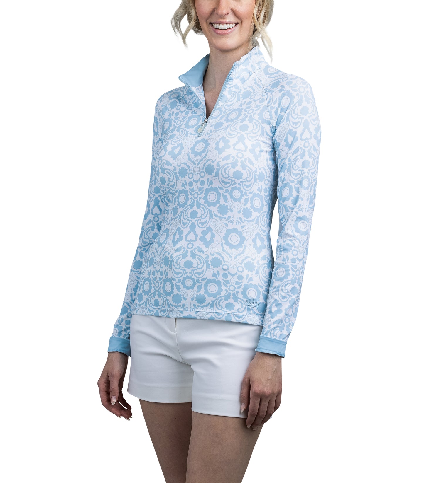 Long Sleeve Light Blue And White Floral 1/4 Zip