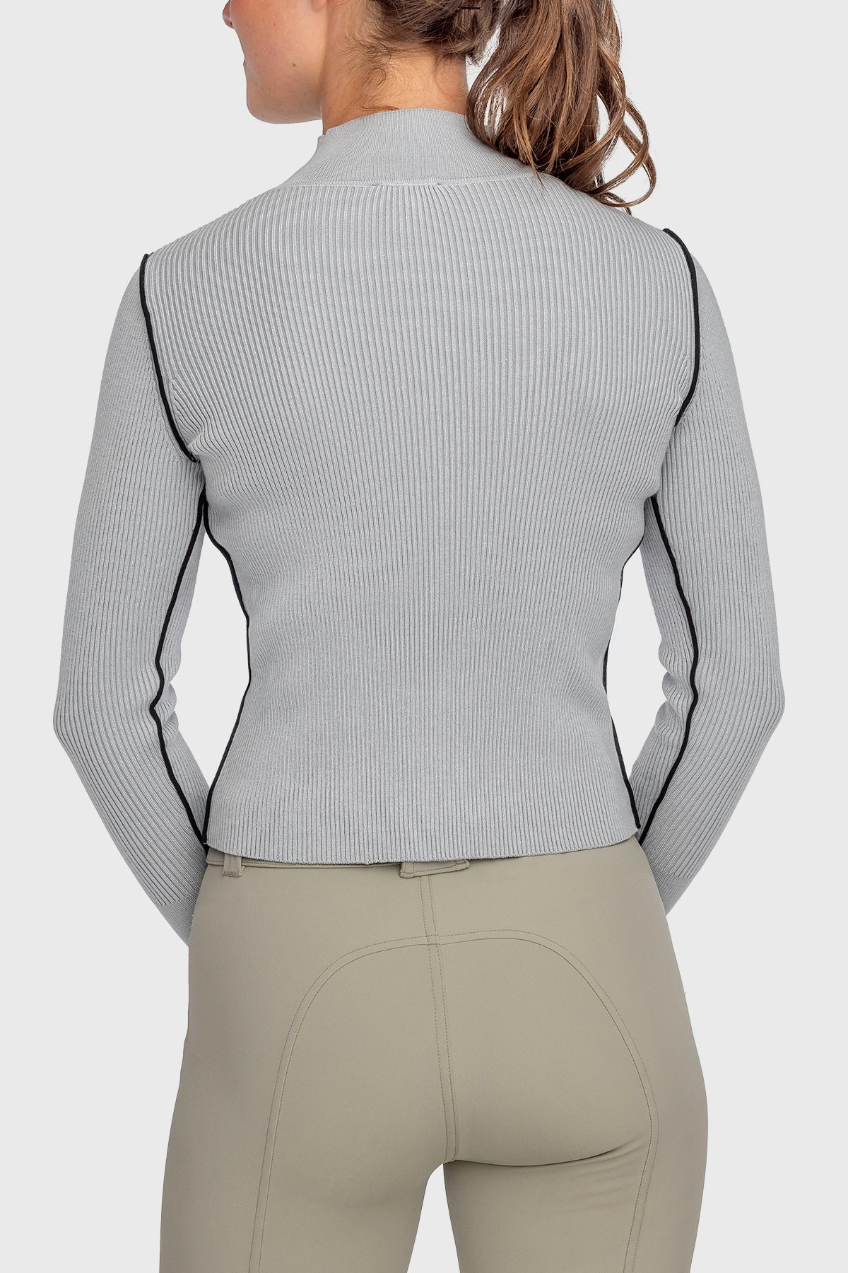 Kastel Denmark Dove Gray Ribbed Mock Neck Sweater with Black Piping