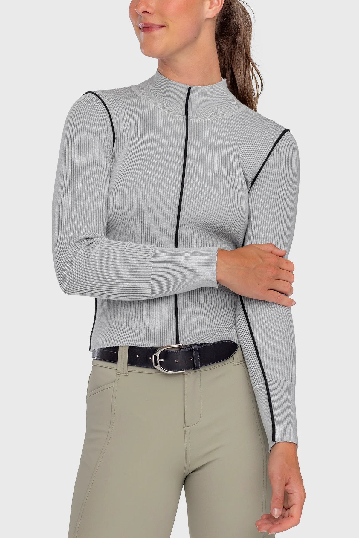 Kastel Denmark Dove Gray Ribbed Mock Neck Sweater with Black Piping