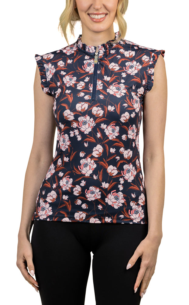 Kastel Denmark Navy Peonies Ruffle Tank