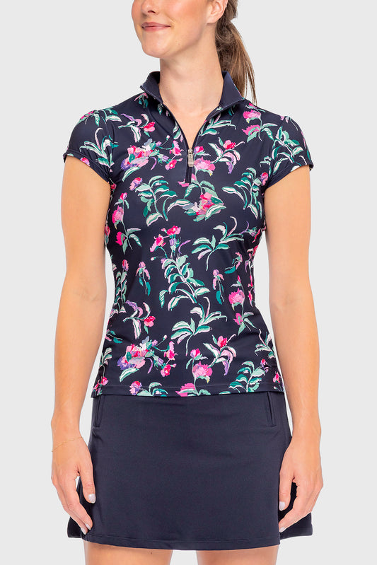 Kastel Denmark -Cap Sleeve Navy Garden Blooms 1/4 Zip Sun Shirt