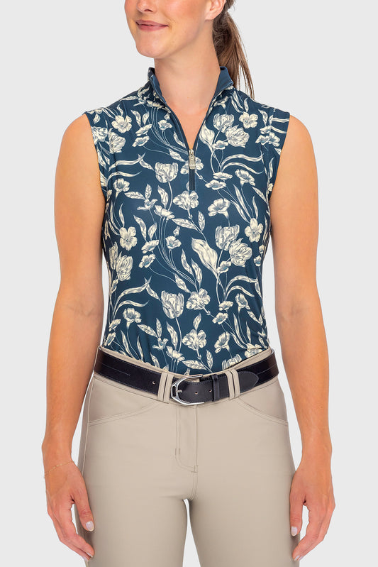Kastel Denmark Sailor Blue French Tulip Ruched Back Sleeveless 1/4 Zip Sun Shirt